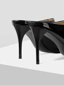 Mnmlis Glossy Black Patent Leather High-Heeled Mules Girl, Pointed Toe Thin Heel, Sandals On A Dinner Date - Black - View 5