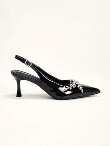 CUCCOO CHICEST Women's High-Heeled Shoes Upper Asymmetric Flash Diamond Inlaid Pointed Small Square Thick Heel PU Black Rear Empty Strap High-Heeled Single Sho - Black - View 8