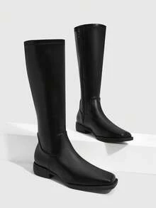 Daringsoles New Classic Retro Square Toe Low Heel Medium Boots Elastic Side Zipper Autumn And Winter Daily Commuting Versatile Fashion Thin Boots Women's Shoes Fall Boots - Black - View 8