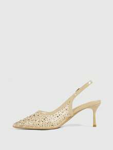 CUCCOO SZL Women's Leopard Print Mesh Rear Strap Low Vamp Shoes, Pointed Toe Full Diamond Decorative V-Shaped Shoe Mouth Adjustable Buckle Thin Heel - Apricot - View 4