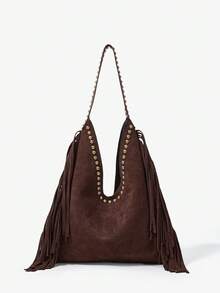 Maija Women's Fashionable Elegant Simple Classic Versatile Retro Dark Coffee Suede Gold Rivet Decoration Tassels Shoulder Bag, Daily Commuting Shopping - Coffee - View 3