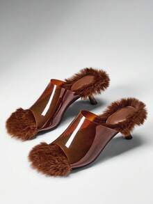 SHEIN SHUZIA Women's Fashion Daily Versatile Faux Fur Slip-On Heeled Sandals - Coffee Brown - View 10