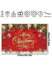 Merry Christmas Red Photography Backdrop, Gold Art Lettering Xmas Baubles Pine Gift Snowflake Star Decor Photo Background Banner, Photo Booth Prop For Winter Holiday Party Home Wall Decoration - multicolor - View 8