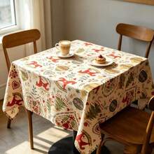Cirelle Christmas Tablecloth - Festive Vintage Rocking Horse & Tree Printed Table Cover, Reusable Polyester Holiday Table Cloth For Dining Room & Party Decoration - Multicolor - View 9
