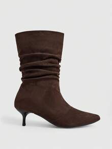 Daringsoles Autumn And Winter Pleated Thin Heel Square Toe But Knee-Colored Suede Mid-Boots - Coffee Brown - View 2