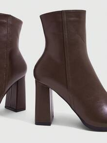 Daringsoles Ladies, Fashion, Oil Wax Leather, Block Heel, Dating, Versatile 9.5cm Square Heel, Office, Business, Commuter, Party, Comfort, Solid Color Dwarf Buck - Brown - View 5