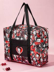 Betty Boop x SHEIN 1 Pc Cat & Mouse Cheese Themed Foldable Travel Tote Bag, Lightweight Polyester Luggage Sleeve Bag - Red black and white - View 2