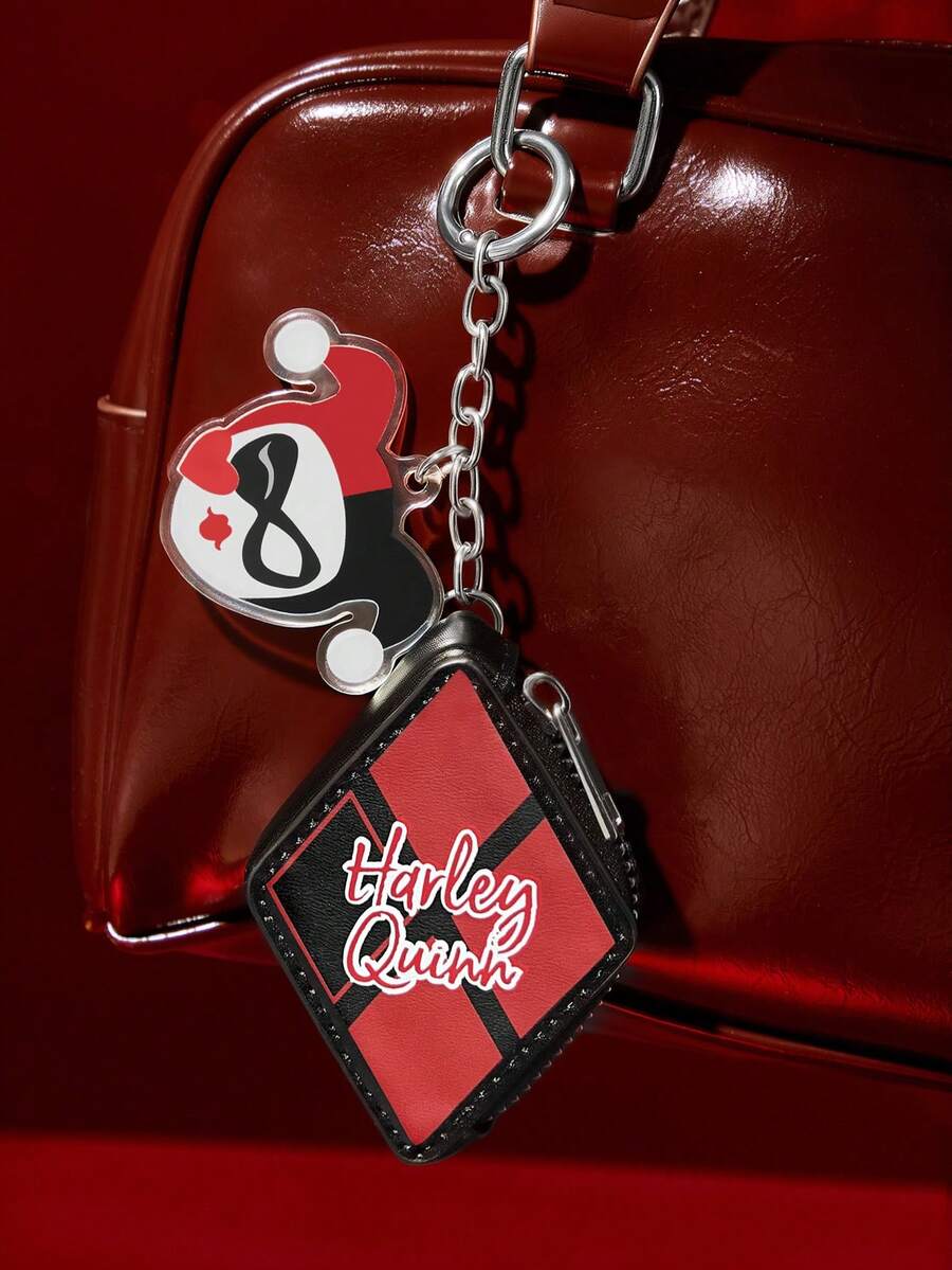 Harley Quinn X SHEIN 拼色菱格鑰匙圈零錢包,拉鍊迷你收納包附壓克力吊飾,可掛式零錢夾,適用日常背包與鑰匙掛飾 - 黑色 - 查看 1