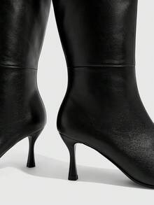 CUCCOO SZL Royal Sister Retro Style Women's Autumn And Winter Dating Banquet Soft Surface Bright Leather Solid Color Pointed Toe High Tube Rear Zipper Thin High - Black - View 5