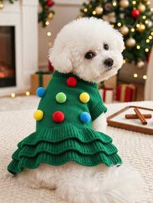 PETSIN 1pc Pet Sweater, Cute Christmas Tree Themed Small Dog Knit Skirt, Colorful Fur Ball Decoration Ruffle Hem Pet Yarn Dress, Cat And Dog Universal Clothes, Suitable For Christmas Parties, Holiday Photography, And Daily Wear In Cold Weather - Green - View 1