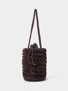 SHECARRY All Handmade Crochet Retro Plush Drawstring Bucket Bag Autumn And Winter Versatile Casual Women's Shoulder Bag - Coffee - View 6