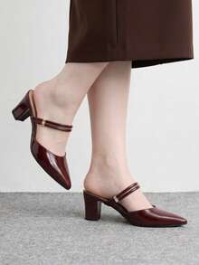 CUCCOO BIZCHIC Double Thin Belt Metal Buckle Pointed Toe Wedge Heel Middle Heel Retro Glossy Burgundy Mules Commuter Wear Slippers Fall Shoes - Burgundy - View 5