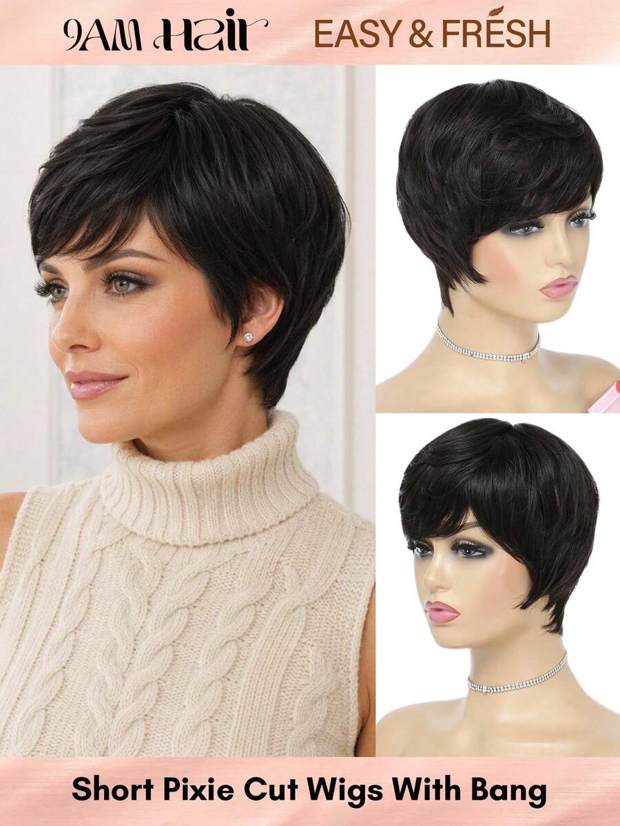 EASY&FRESH Short Layered Pixie Cut Bob Remy Human Hair Wigs For Women 1B Natural Black Side Swept Bangs Full Machine‑Made Glueless None‑Lace Wig For Daily & Party Occasion - Natural Black - View 1