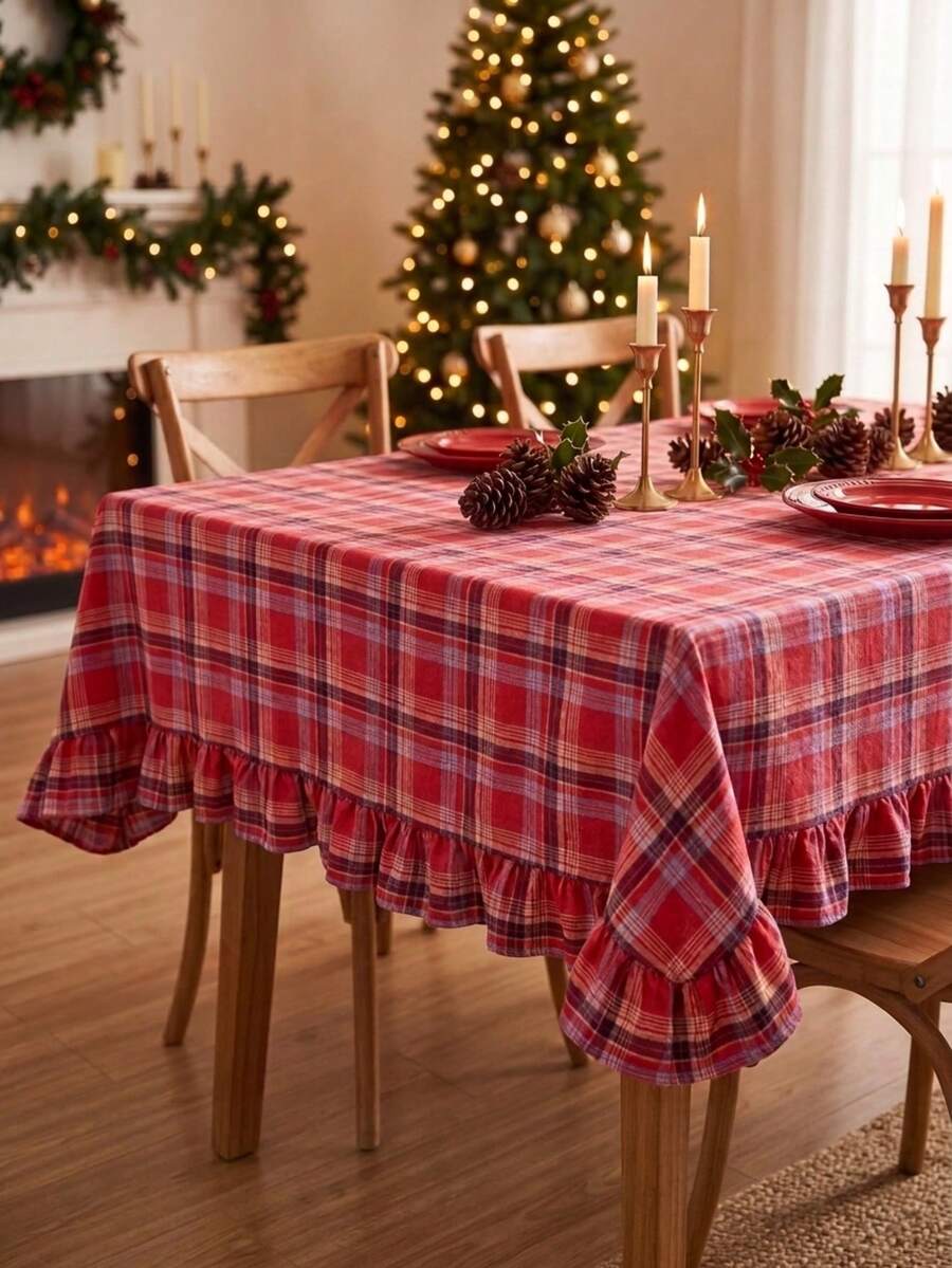 Cirelle Christmas Plaid Tablecloth With Ruffles - Festive Red Tartan Plaid Table Cover, Washable Holiday Table Cloth With Ruffled Hem For Dining Room, Kitchen & Party - Red - View 1