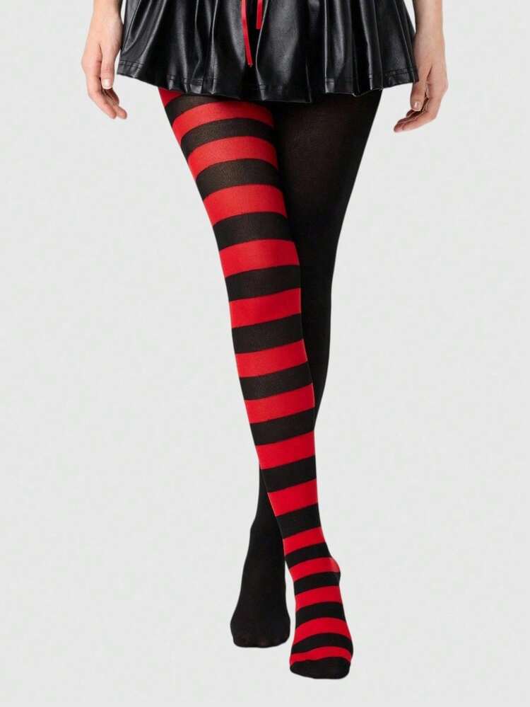 ROMWE Grunge Punk 1Pair Of Dark Black And Red Wide Striped Black Jumpsuit Stockings, Widely Used And Suitable For All Seasons. Wide Range Of Uses, Suitable For All Seas - Black and red 22 - View 7