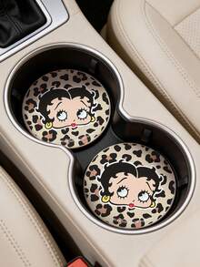 Betty Boop x SHEIN 2件組 PU皮革汽車杯架墊，防震通用款，時尚車用杯墊，可放入車內杯架，適用汽車與居家辦公室，俏皮性感豹紋 - A - 查看 1