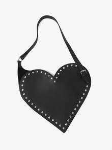 Viva Strut Women's Shoulder Bag, Black Heart-Shaped Bag, Rivet Decoration, Y2K, Sweet And Cool Babes, Large Capacity, Daily Shopping On Campus - Black - View 9