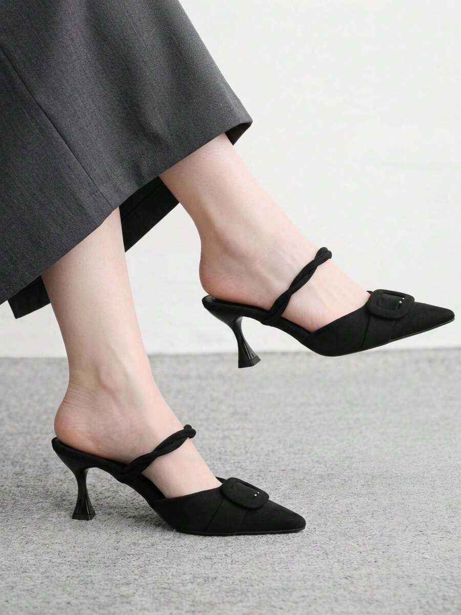 CUCCOO BIZCHIC Women's New Lazy Commute Twisted Back Strap Pointed Toe Wine Glass Heel Black Open Back Stiletto Half-Sling Shoes Fall Shoes - Black - View 1