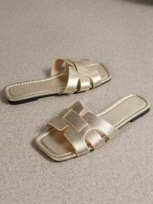 Alvarani Women's Korean Flat Slide Sandals,Open Toe Woven Roman Summer Slippers,French Outdoor Beach Sandals,Brown One Strap Flat Sandals For Dresses - Gold - View 4