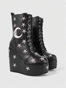 ROMWE Women's Spring/Autumn Punk-Style Vintage Wedge Ankle Boots: Gothic Platform, Solid Color, Fabric-Covered, Star & Moon Embroidery, Side Zipper&Lace-Up - Black - View 2