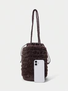 SHECARRY All Handmade Crochet Retro Plush Drawstring Bucket Bag Autumn And Winter Versatile Casual Women's Shoulder Bag - Coffee - View 3