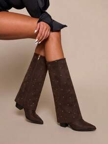 Daringsoles Women's Vintage Coffee Color Rivet Pointed Toe Wide Shaft Tall Boots, Heavy Rivet & Bead Embellished Pointed Toe High Shaft Boots, Atmospheric Tall Boots Fall Boots - Coffee - View 2