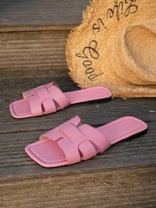 Alvarani Women's Korean Flat Slide Sandals,Open Toe Woven Roman Summer Slippers,French Outdoor Beach Sandals,Brown One Strap Flat Sandals For Dresses - Pink - View 5