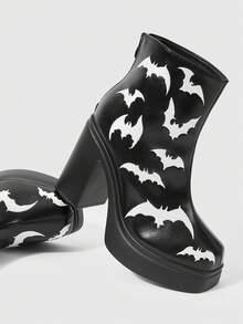 ROMWE Goth Women's Platform And Ankle Boots And Booties, Punk Style Dark Wind After Zipper Bat Embroidered Design Booties, Classic Parties, Halloween, Nightclubs - Black - View 3