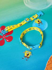 SpongeBob SquarePants | SHEIN 鮮黃色可愛正方形卡通印花寵物胸背帶，附牽繩、項圈與便便袋收納袋，貓狗日常散步用品 - 亮黃色 - 查看 2