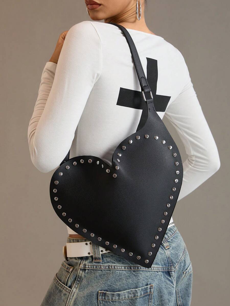 Viva Strut Women's Shoulder Bag, Black Heart-Shaped Bag, Rivet Decoration, Y2K, Sweet And Cool Babes, Large Capacity, Daily Shopping On Campus - Black - View 1