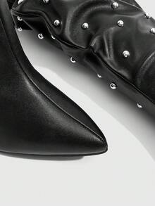 Daringsoles Pleated Leg Rivet Decorative Knee Boots, Loose Tube Pointed, Square Heel Black PU Boots, American Retro Western Style Autumn And Winter Party Wear Fall Boots - Black - View 4