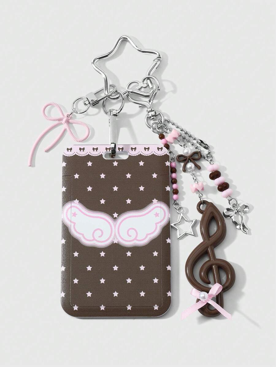 ROMWE Anime 1 Two-Dimensional Retro Sweet And Versatile Multi-Color Beaded Acrylic Notes Bow Wings Star Love Card Cover Star Card DIY Keychain Bag Pendant - Multicolor-222 - View 1