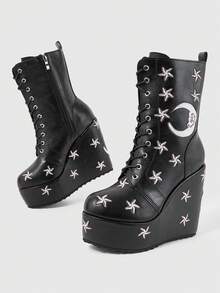 ROMWE Women's Spring/Autumn Punk-Style Vintage Wedge Ankle Boots: Gothic Platform, Solid Color, Fabric-Covered, Star & Moon Embroidery, Side Zipper&Lace-Up - Black - View 4