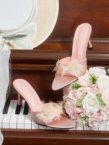 CUCCOO CHICEST 女款春夏蝴蝶裝飾水鑽尖頭一腳蹬細高跟鞋 8.5cm 粉色高跟涼鞋 日常約會派對婚禮穿搭 - 粉色 - 查看 5