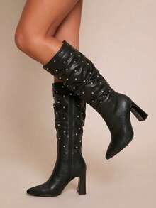 Daringsoles Pleated Leg Rivet Decorative Knee Boots, Loose Tube Pointed, Square Heel Black PU Boots, American Retro Western Style Autumn And Winter Party Wear Fall Boots - Black - View 2