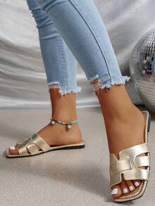 Alvarani Women's Korean Flat Slide Sandals,Open Toe Woven Roman Summer Slippers,French Outdoor Beach Sandals,Brown One Strap Flat Sandals For Dresses - Gold - View 6