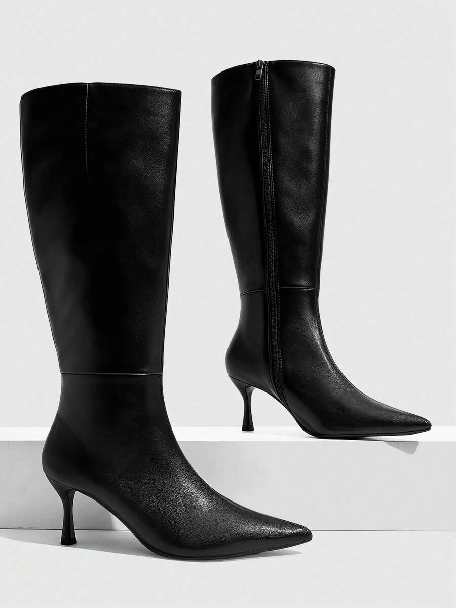CUCCOO SZL Royal Sister Retro Style Women's Autumn And Winter Dating Banquet Soft Surface Bright Leather Solid Color Pointed Toe High Tube Rear Zipper Thin High - Black - View 1