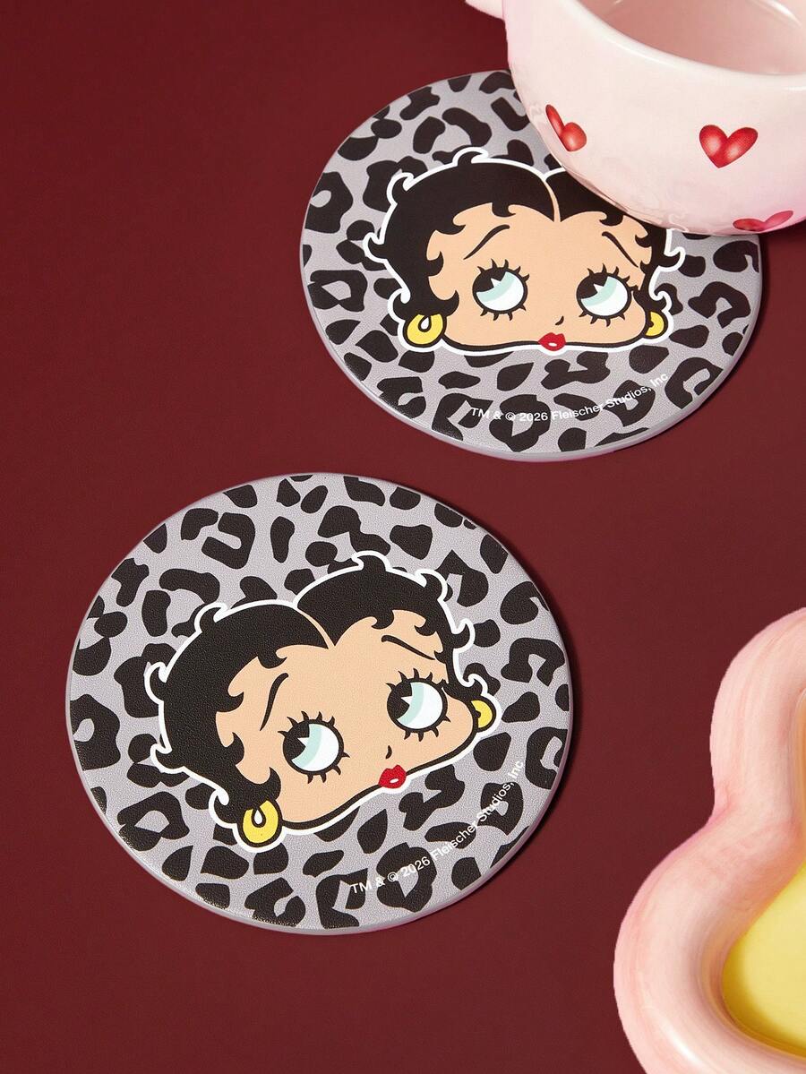 Betty Boop x SHEIN 2入豹紋圓形杯墊套組 耐熱桌面杯墊 家居客廳臥室桌面裝飾 適合日常家用 - 灰色 - 查看 1