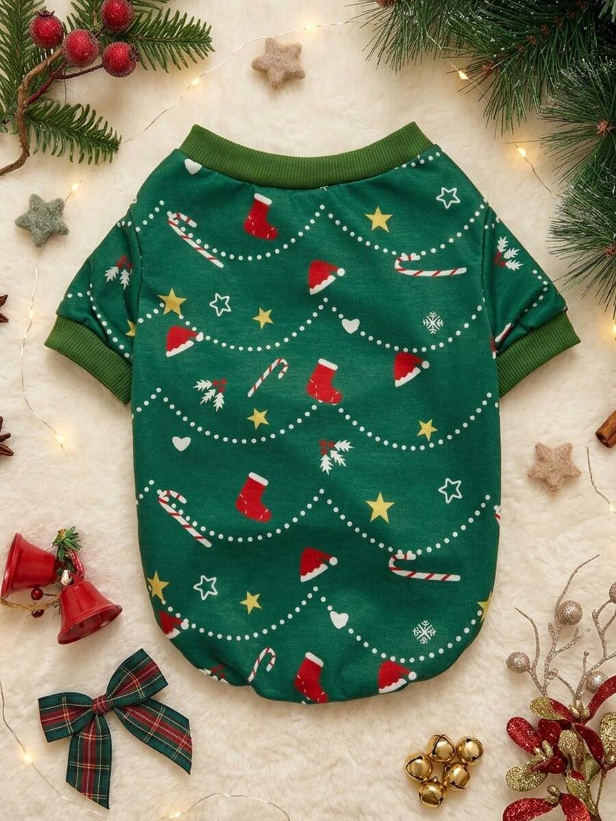 PETSIN 1 Buah Sweater Hijau Hewan Peliharaan Kucing & Anjing Motif Pohon Natal, Tanpa Topi - MultiWarna - View 1