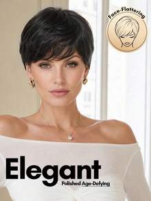 EASY&FRESH Short Layered Pixie Cut Bob Remy Human Hair Wigs For Women 1B Natural Black Side Swept Bangs Full Machine‑Made Glueless None‑Lace Wig For Daily & Party Occasion - Natural Black - View 7