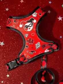 Harley Quinn X SHEIN 透氣卡通印花寵物背心胸背帶套裝，含胸背帶、牽繩、項圈與拾便袋收納夾，可調節式散步用品，適用小型犬、大型犬與貓，多種尺寸 - 紅色 - 查看 3