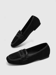 CUCCOO BIZCHIC Spring And Autumn Splicing Square Head Flat Bottom Commuting Style Black Suede Loafer Single Shoes To Work Commuting Shopping Daily Travel Wear - Black - View 2