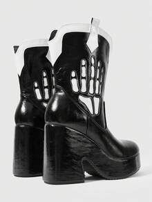ROMWE Goth Black And White Color Matching Medium Tube Short Boots Women's Thick High Heel Boots - Black and White - View 4