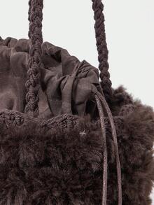SHECARRY All Handmade Crochet Retro Plush Drawstring Bucket Bag Autumn And Winter Versatile Casual Women's Shoulder Bag - Coffee - View 4