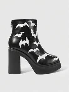 ROMWE Goth Women's Platform And Ankle Boots And Booties, Punk Style Dark Wind After Zipper Bat Embroidered Design Booties, Classic Parties, Halloween, Nightclubs - Black - View 1