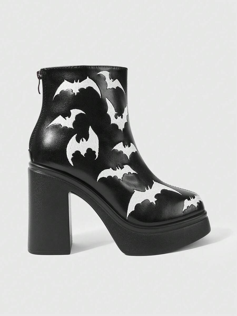ROMWE Goth Women's Platform And Ankle Boots And Booties, Punk Style Dark Wind After Zipper Bat Embroidered Design Booties, Classic Parties, Halloween, Nightclubs - Black - View 1