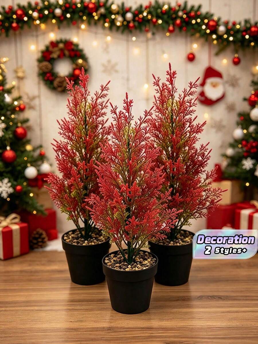 Realistic Autumn Red Pine And Cypress Artificial Tree, No Maintenance Fake Tree For Living Room, Garden, Bedroom, Balcony Corner Potted Decor - Artificial Potted Plant - View 1