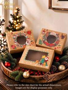 Muroi Mono A Set Of 3 Christmas Window Boxes, Kraft Paper With Transparent Window Design, Warm Retro Christmas Style, For Cookie Baking Packaging And Holiday Gift Storage. - View 5