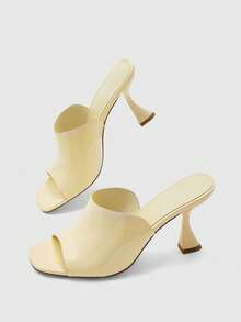CUCCOO BIZCHIC Sepatu Wanita Gaya Eropa, Model Baru, Tekstur Prancis, Modis, Kulit PU, Gesper Logam, Ujung Terbuka, Bagian Atas Persegi, Sandal Hak Tinggi Tipis, Elegan, Sederhana, Mewah, Serbaguna, Gaya Peri - Kuning - View 3