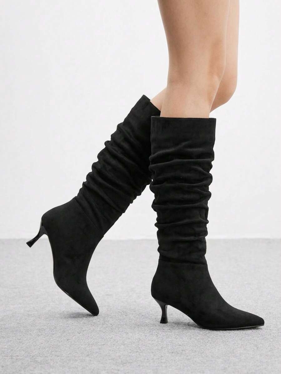 CUCCOO BIZCHIC Pleated Piled Pointed Thin Heel High Boots, Elegant Commuting Slim And Thin Sleeve Boots Autumn And Winter Versatile And Thin Fashion Boots Fall Boots - Black suede - View 1